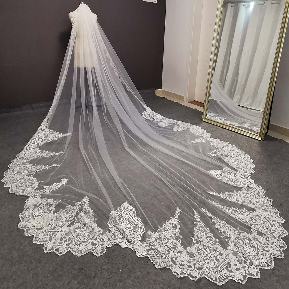 TulleLux Bridal Crowns & Accessories Luxury 4 Meters Long Full Edge Lace Wedding Veil One Layer White Ivory Tulle Bridal Veil with Comb White