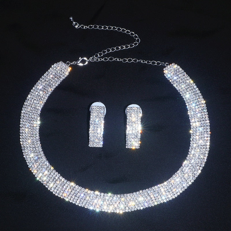Luxury Classic Fashion Crystal Necklace Earrings Set Party  Jewelry Sets