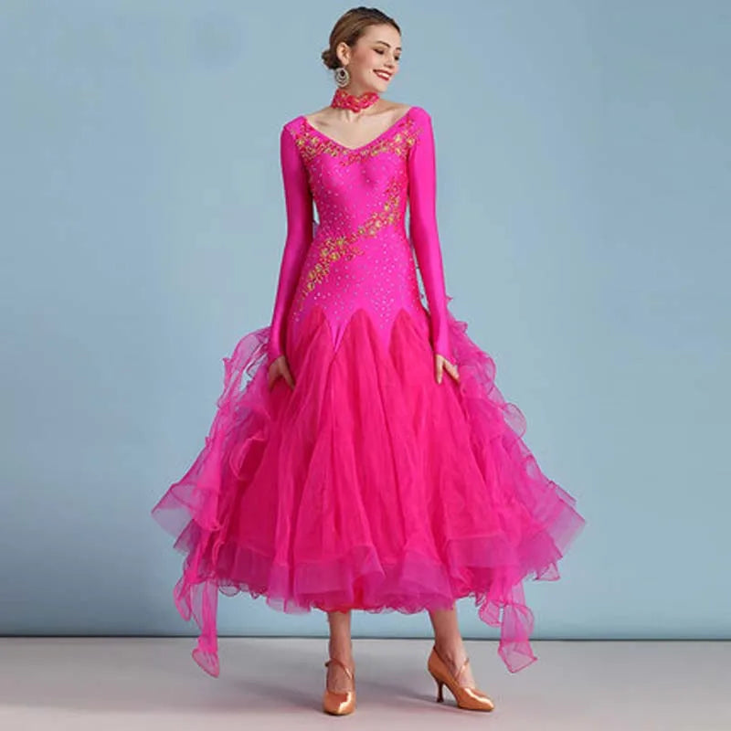 Standard Ballroom Waltz Dance Dresses  Long Sleeve Flamenco Dancing Costume