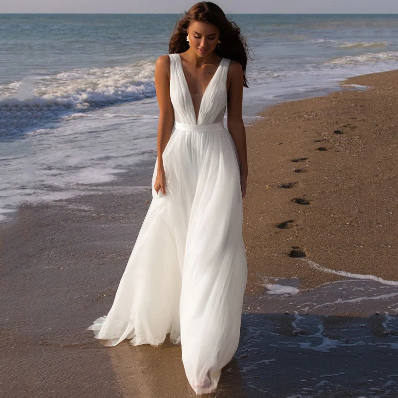 Deep V Sleeveless Bridal Boho Beach Tulle Wedding Dress