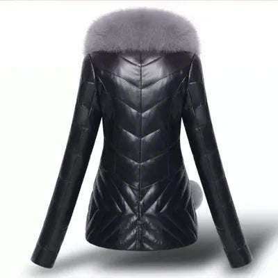 Fashion Faux Fur Faux Leather Jacket Short Faux Fox Fur Collar Winter Coat