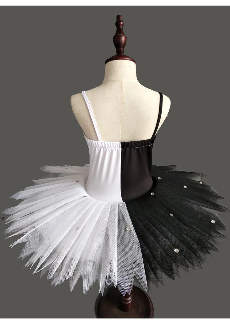 Girls Ballerina Black White Dance Costume Pancake Tutu