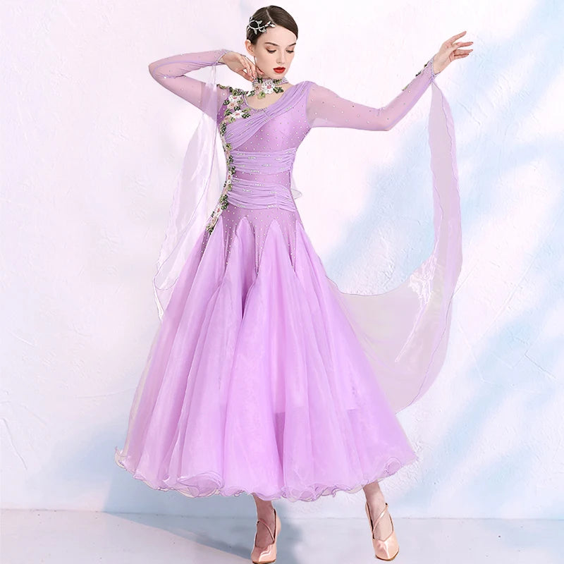 Slim-fitting Pattern Women Standard Ballroom Dance Dress Waltz Tango Dress Modern Dance Costumes