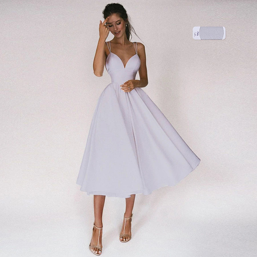 
                      
                        Tea Wedding Dress  Criss Cross Back Satin Bridal Dresses A Line Gown
                      
                    