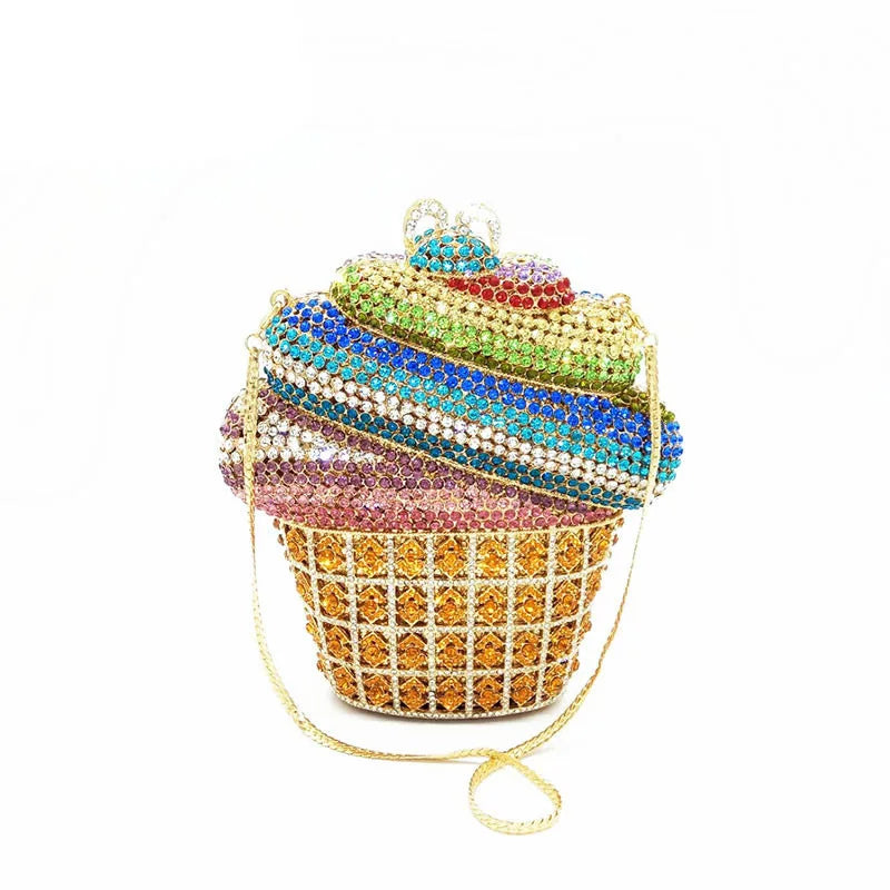 
                      
                        Ice Cream Crystal Evening Bag CupCake Wedding Party Prom Clutch Purse, elevate your evening ensemble with this whimsical crystal clutch
                      
                    