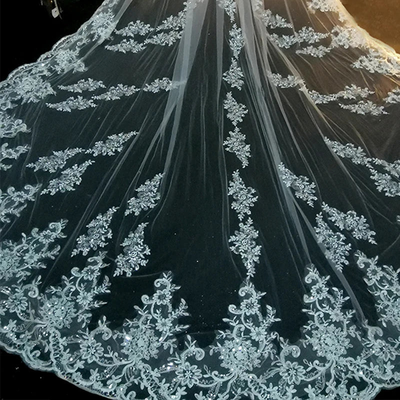 Close-up of a lace veil with intricate designs on a dark background