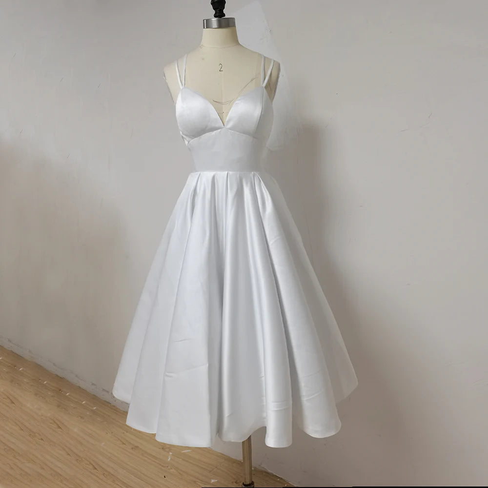 
                      
                        Tea Wedding Dress  Criss Cross Back Satin Bridal Dresses A Line Gown
                      
                    