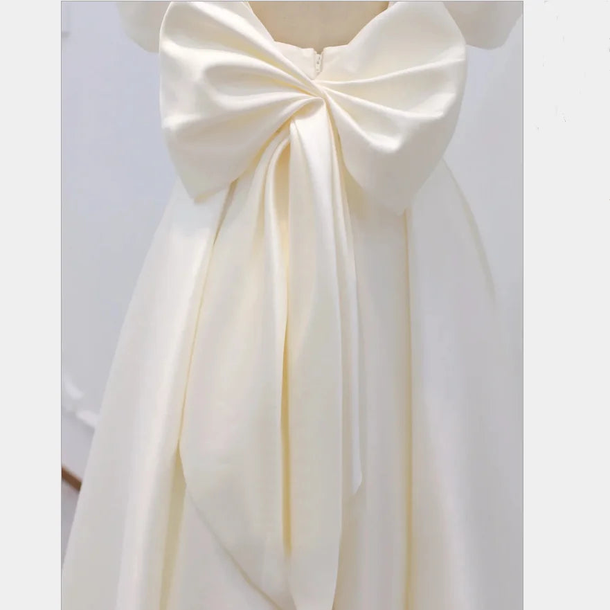 
                      
                        Simple Satin Wedding Dress Tea length Puffy Sleeves With Big Bow
                      
                    