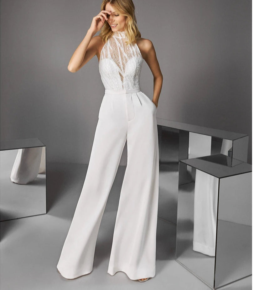 
                      
                        Bridal Jumpsuit Wedding Pants Suit High Neck  Illusion Sequins With Pants
                      
                    