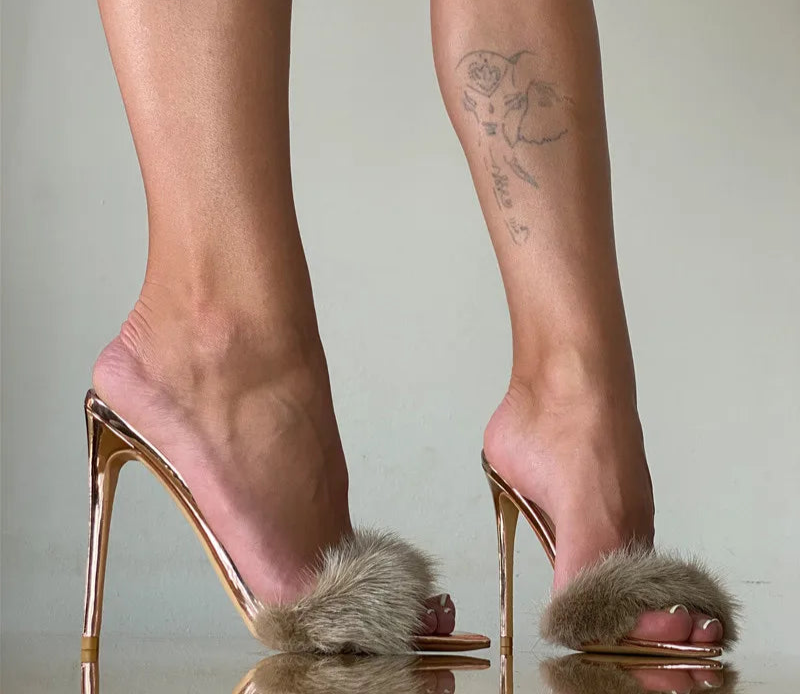 
                      
                        Peep Toe Mules Artificial Fur Slip On Thin High Sandals  Shoes
                      
                    