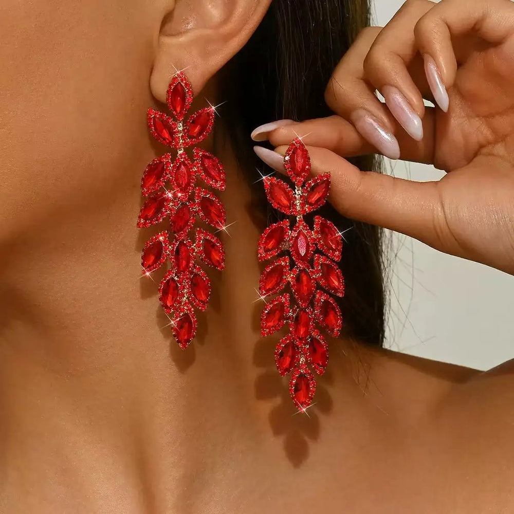 Oversized Crystal Rhinestone  Leaf Pattern Earrings