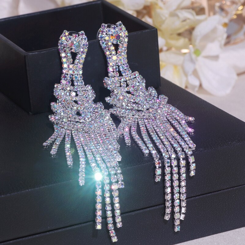 Fashion Long Tassel Rhinestone Crystal Earrings for Women Party Jewelry Accessory