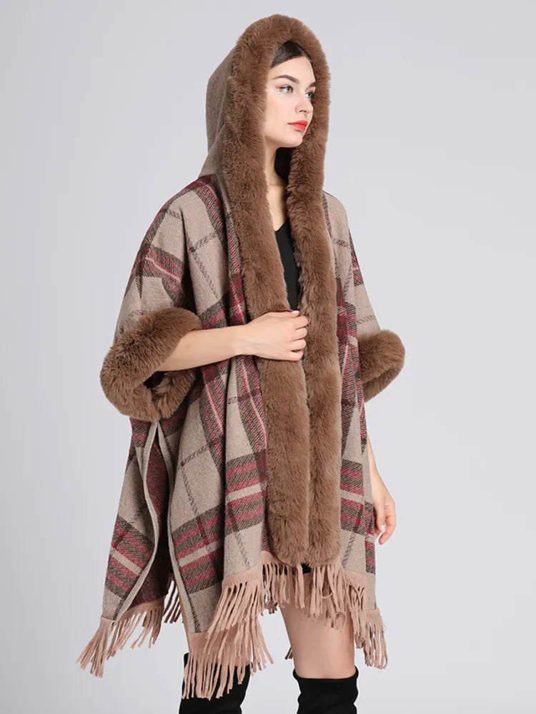 Hooded Plaid Poncho Imitation Rabbit Fur Cardigans Coats