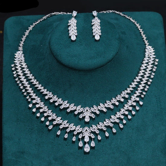 Cubic Zirconia Double Row 2pcs Necklace Earrings Jewelry Set Wedding  Accessory