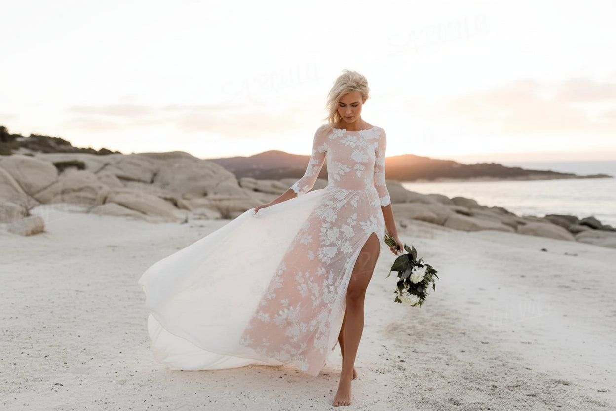 Bohemian Wedding Dress Long Sleeve A-line With Slit Scoop Neck Bridal Gown