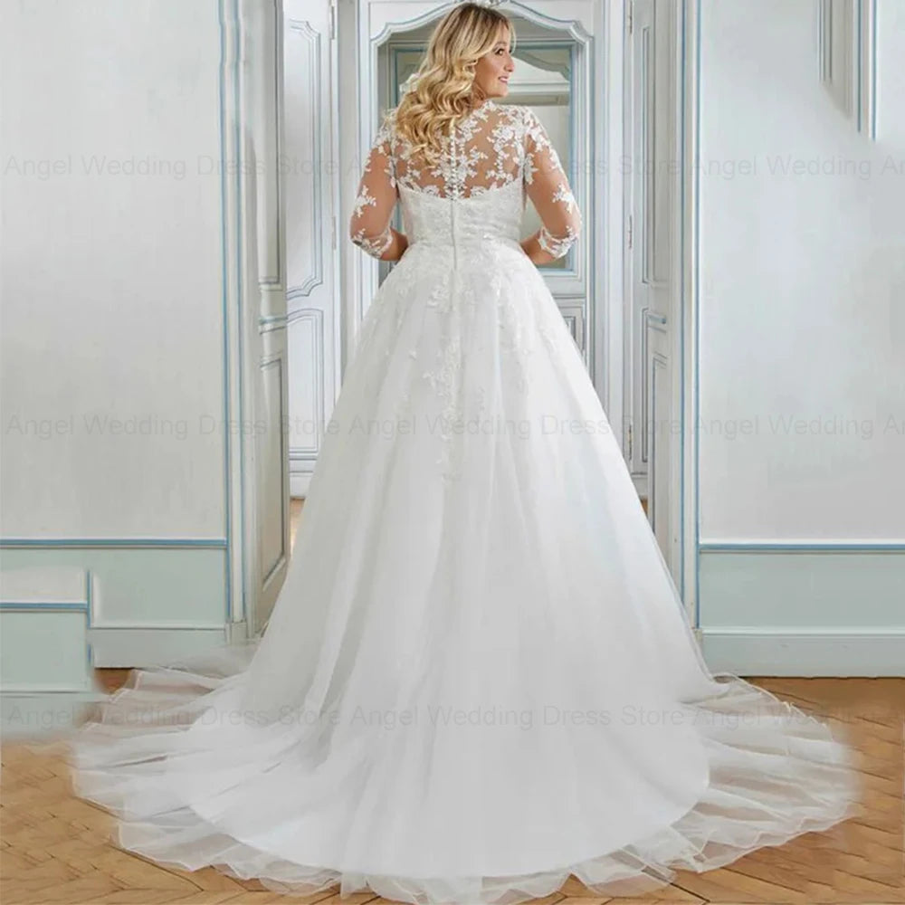 
                      
                        Elegant Plus Size Wedding Dress Lace 3/4 Sleeve A Line  Bridal Gown
                      
                    