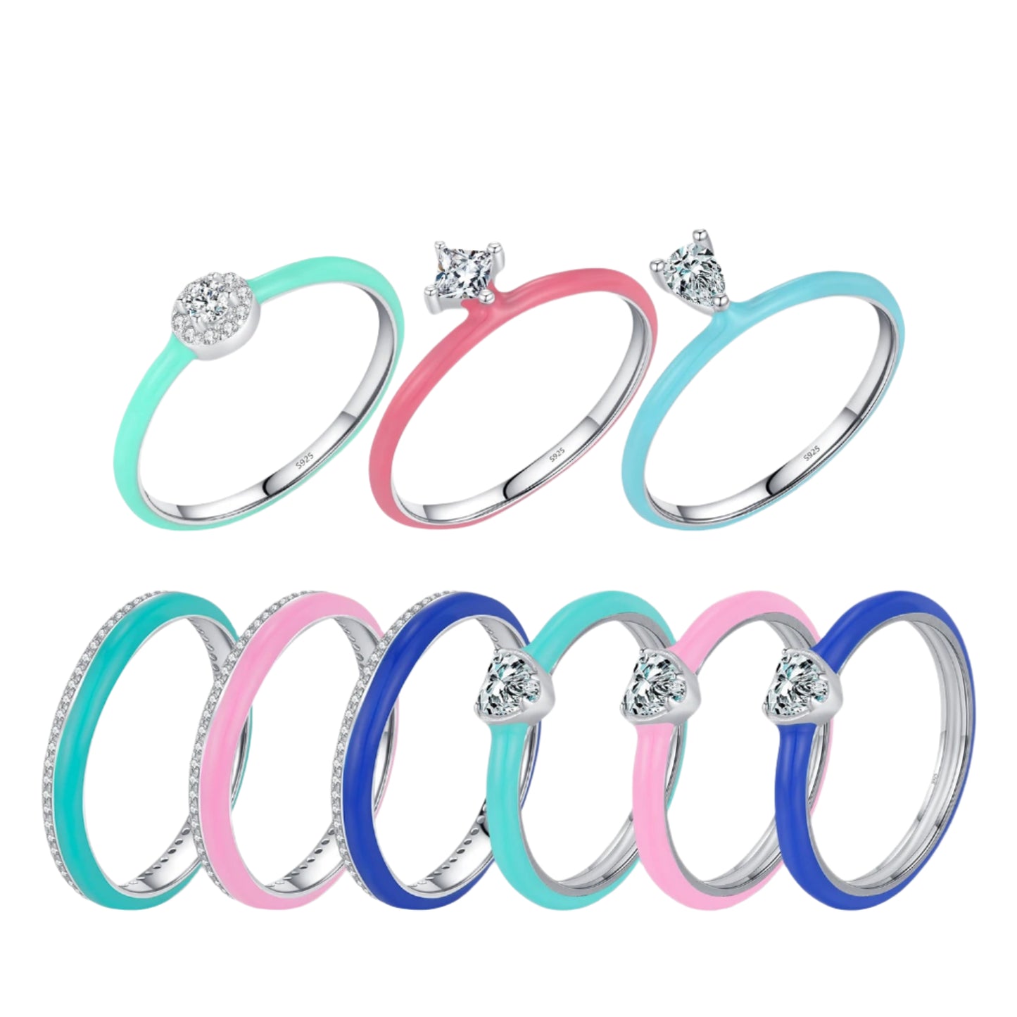 925 Sterling Silver Colorful Enamel Chakra Hearts Stackable Ring For Women