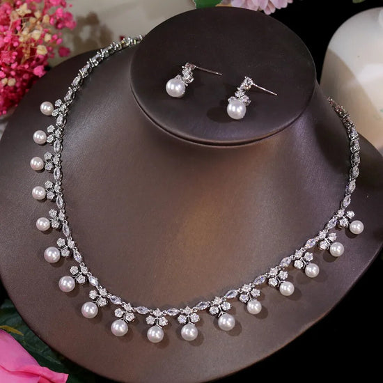 Gorgeous Cubic Zirconia Pearl Choker Necklace Earring Jewelry Set for Women