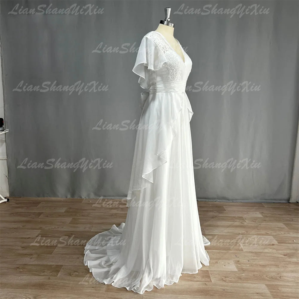 
                      
                        Boho Ruffle V-Neck Wedding Dress Chiffon A Line Short Sleeve Backless Beach Bridal Gown
                      
                    