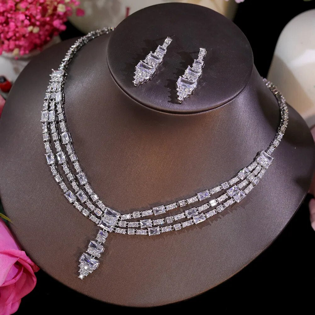 3 Layers White Color AAA Cubic Zirconia Necklace Jewelry Sets For Women