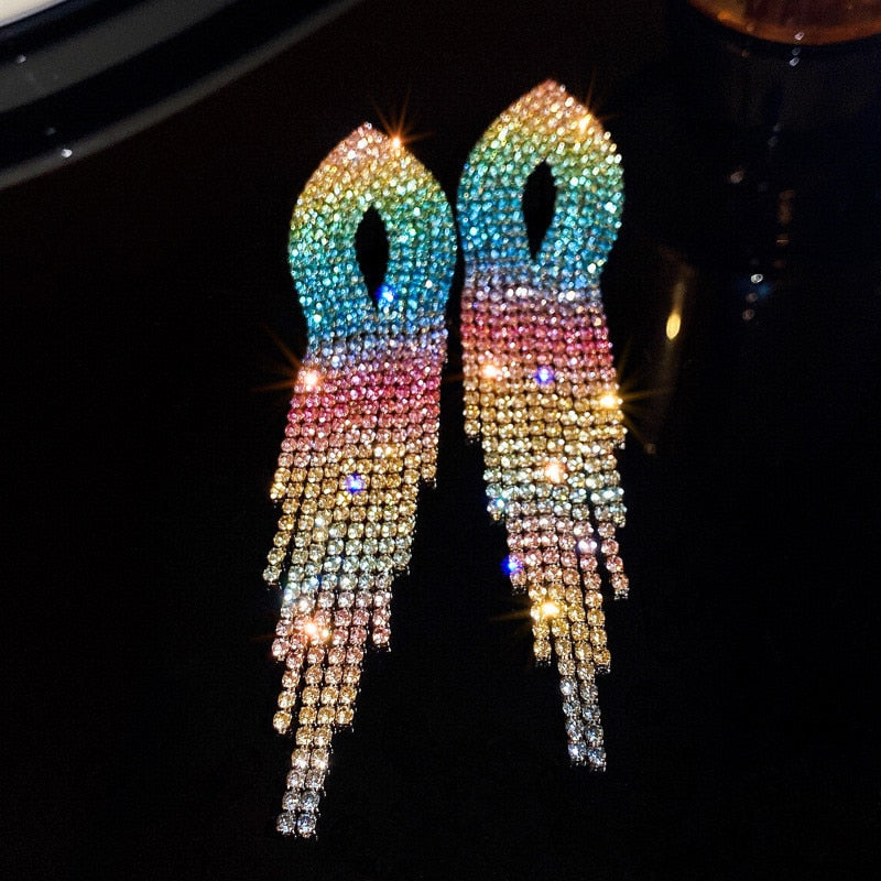 
                      
                        Shiny Rainbow Color Crystal Earrings for Women Long Tassel Rhinestone Dangle Earrings
                      
                    