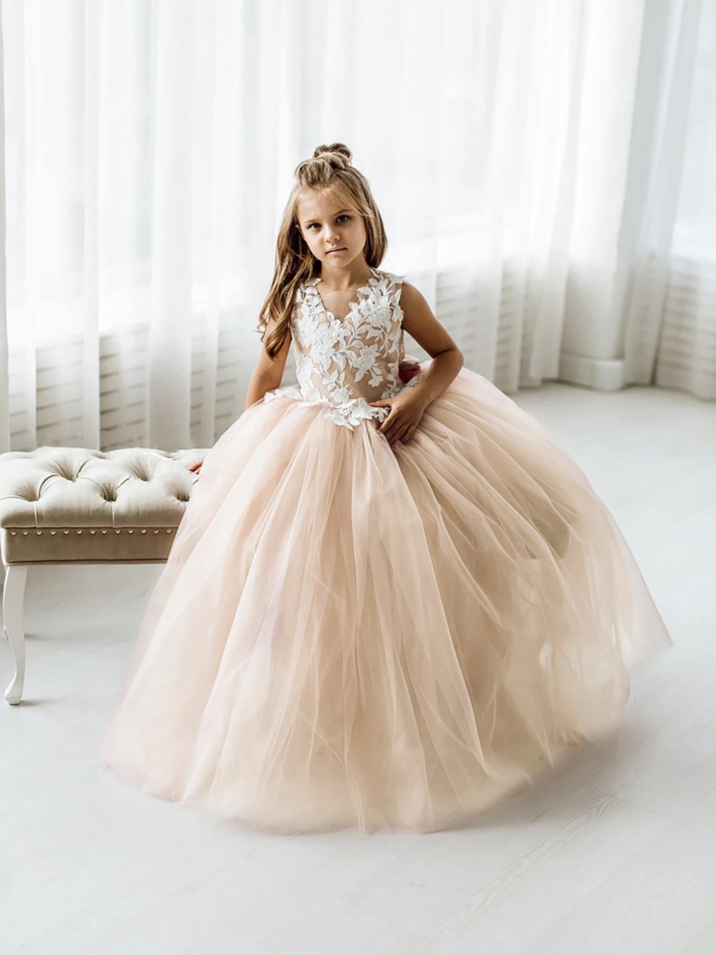 Flower Girl Bow Tie Back Tulle Princess Party Dress