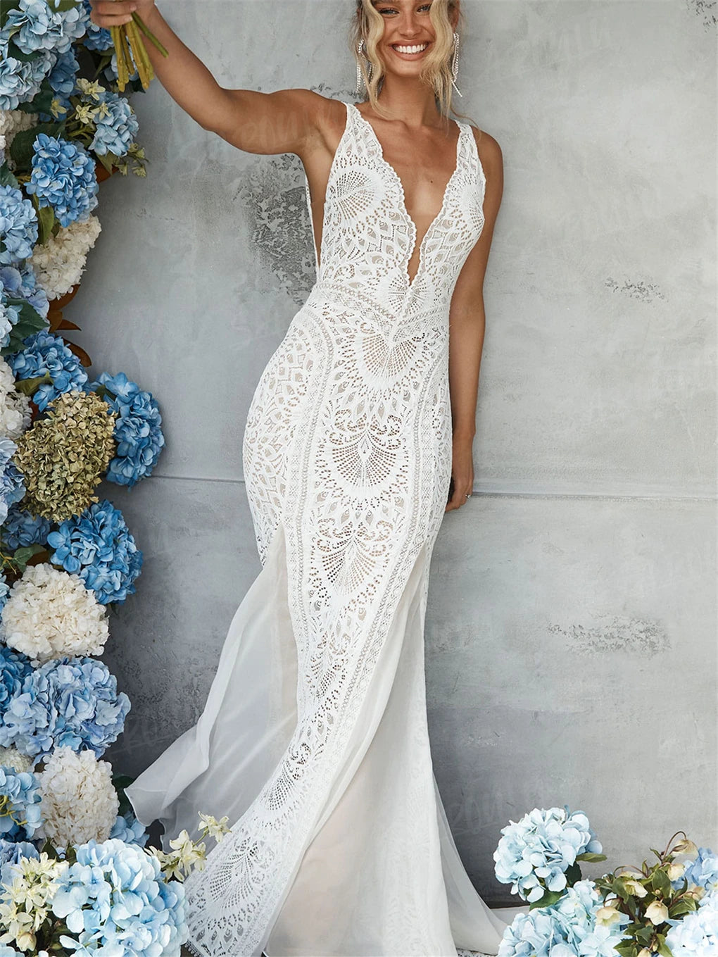 Sheath Bohemian Long Deep V Neck Lace Wedding Dress
