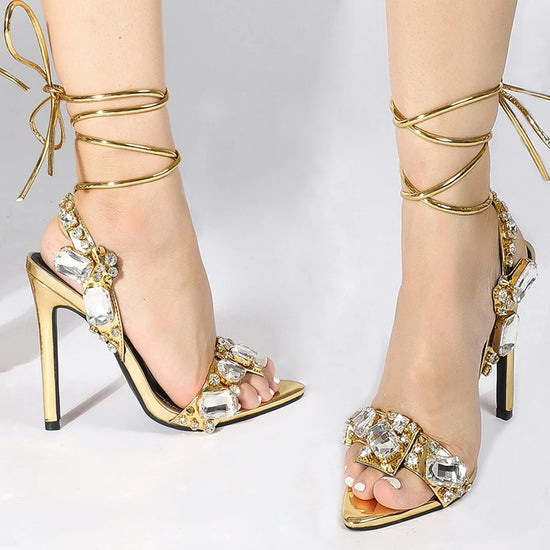 Ankle Strap Golden Sandals Party Nightclub Heels Crystal Pointed Toe Shoe