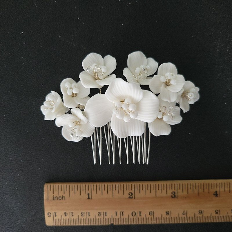 Handmade Luxury Rhinestones Pearls Ceramic Flower Bridal Tiara Headband Wedding Crown