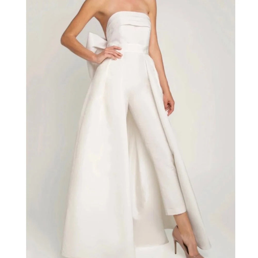 
                      
                        Satin Backless Strapless Jumpsuit Wedding Dress Bow Detachable Train
                      
                    