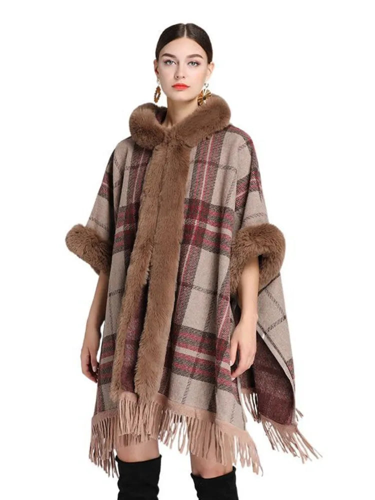 Hooded Plaid Poncho Imitation Rabbit Fur Cardigans Coats