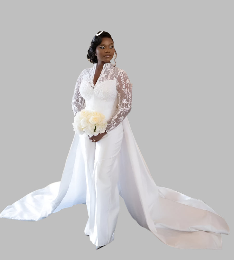 
                      
                        Plus Size Jumpsuit Wedding Dress With Overskirt Train V Neck Long Sleeve
                      
                    