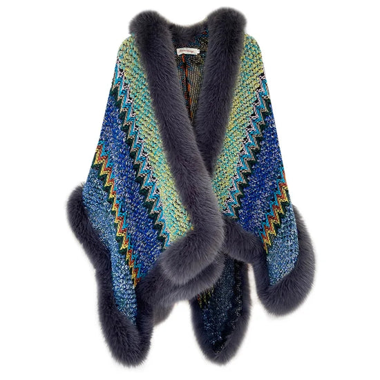 Novelty Vintage Style Faux Fox Fur Cape Coat Colorful Knit Tweeds Cloak Overcoat