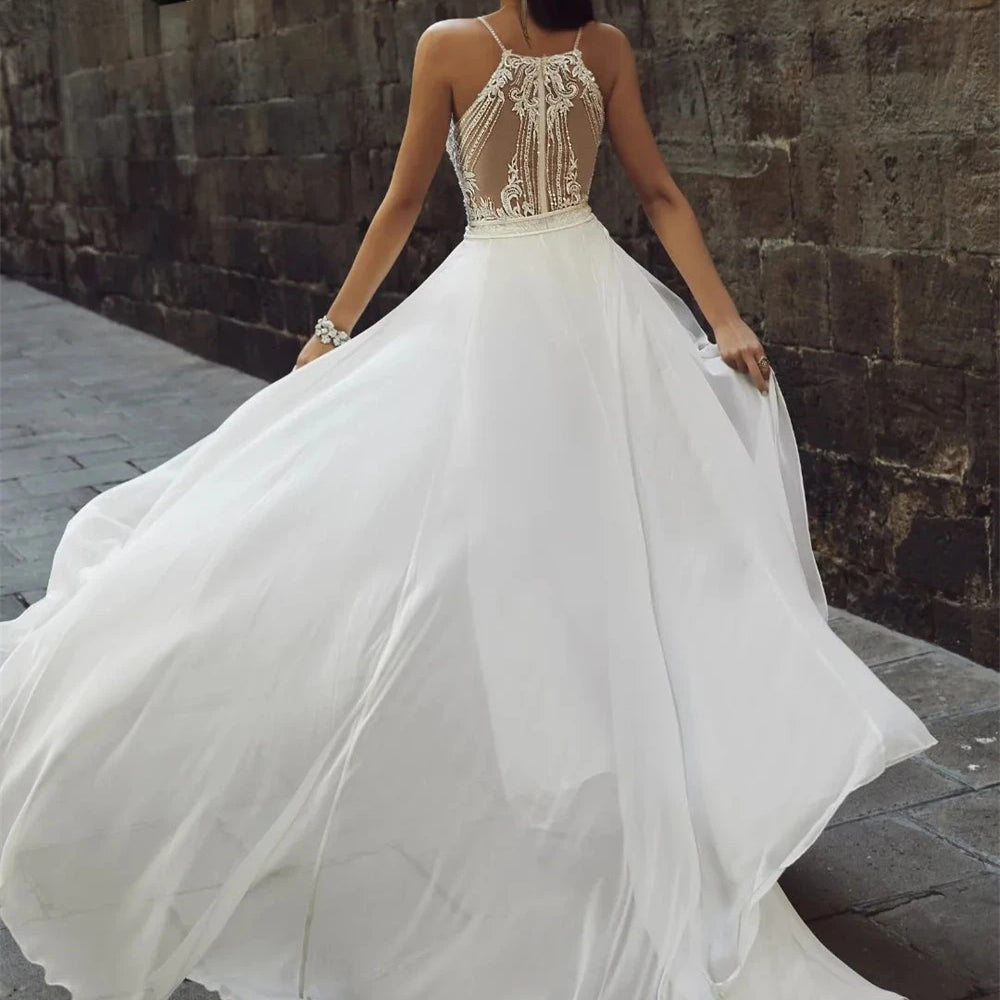 One Piece Boho Chiffon Jumpsuit Wedding Dress Backless Lace Bridal Gown