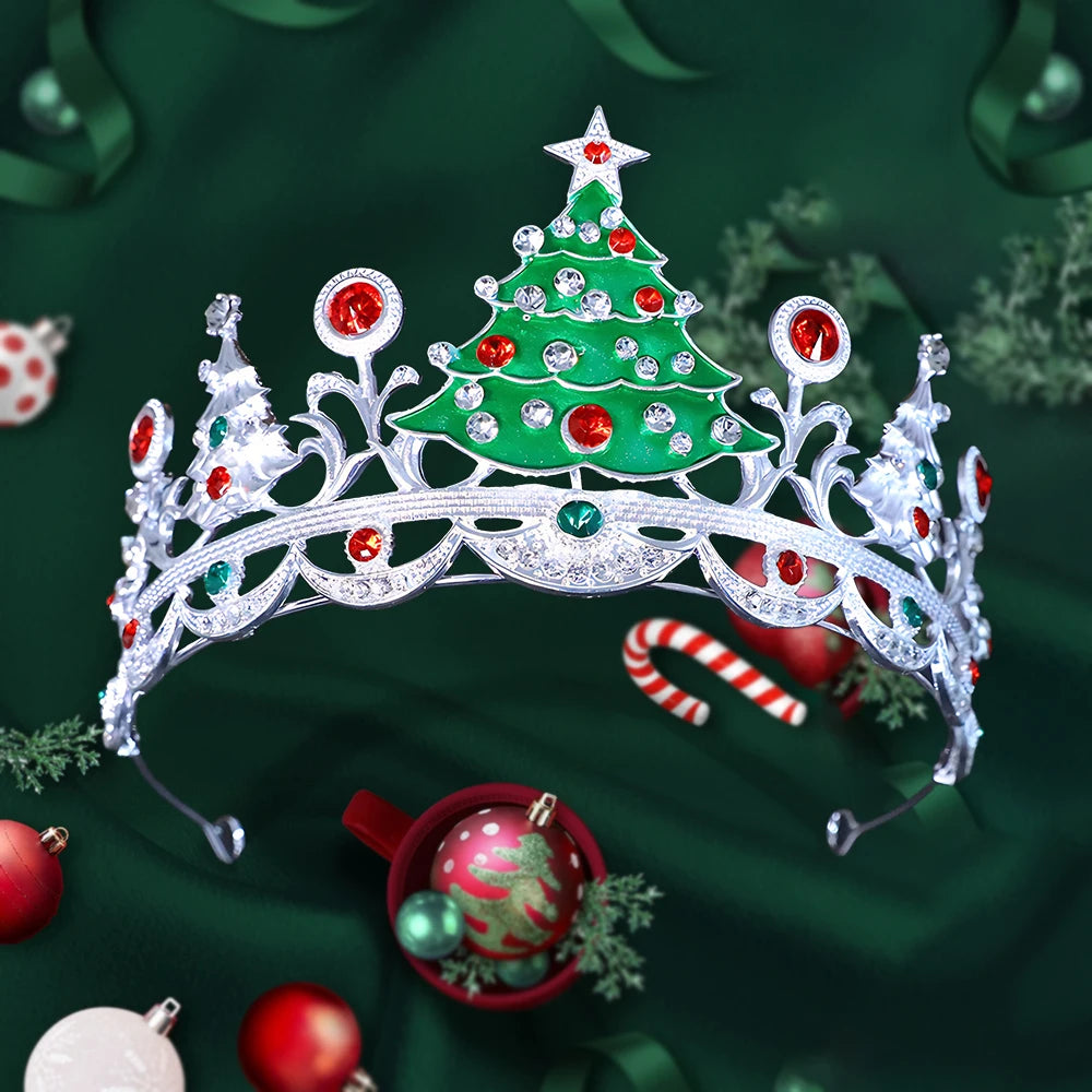 
                      
                        Christmas-themed tiara with tree design on a green background with festive decorations.
                      
                    