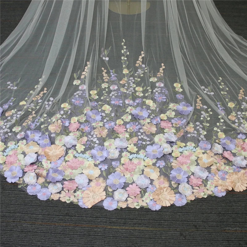 
                      
                        Colorful Floral Wedding Bridal Draped Shoulder Cape Veil Cathedral Long Lilac Purple Pink Flowers 3D Lace
                      
                    