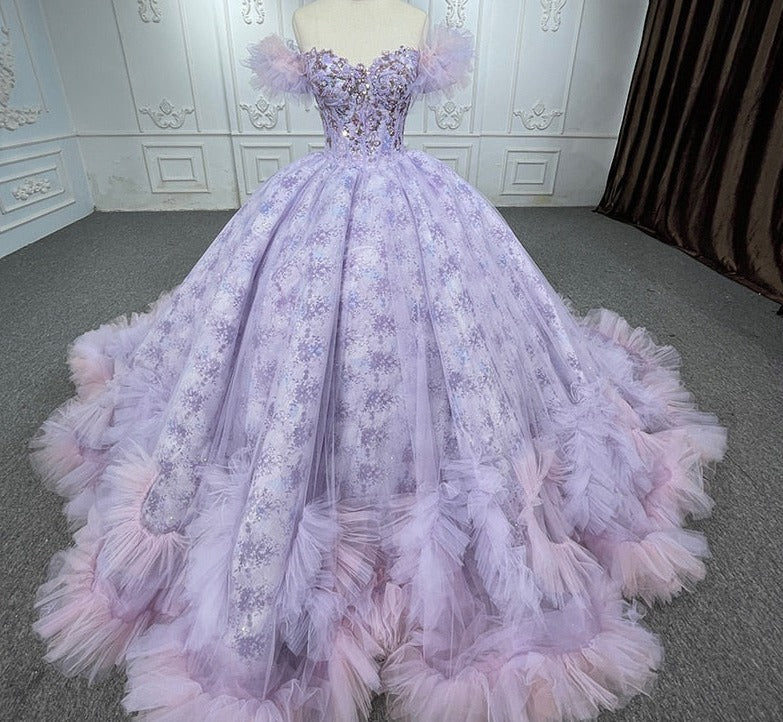 Quinceañera lace Ball Gown Purple Sequined Dress