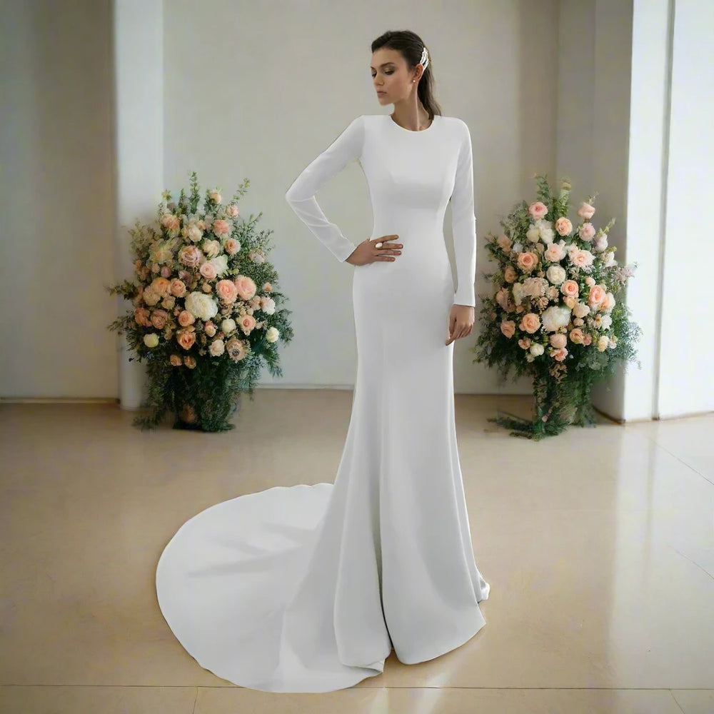 Civil Wedding Dress Mermaid Long Sleeve Backless Soft Satin Simple Bridal Gown