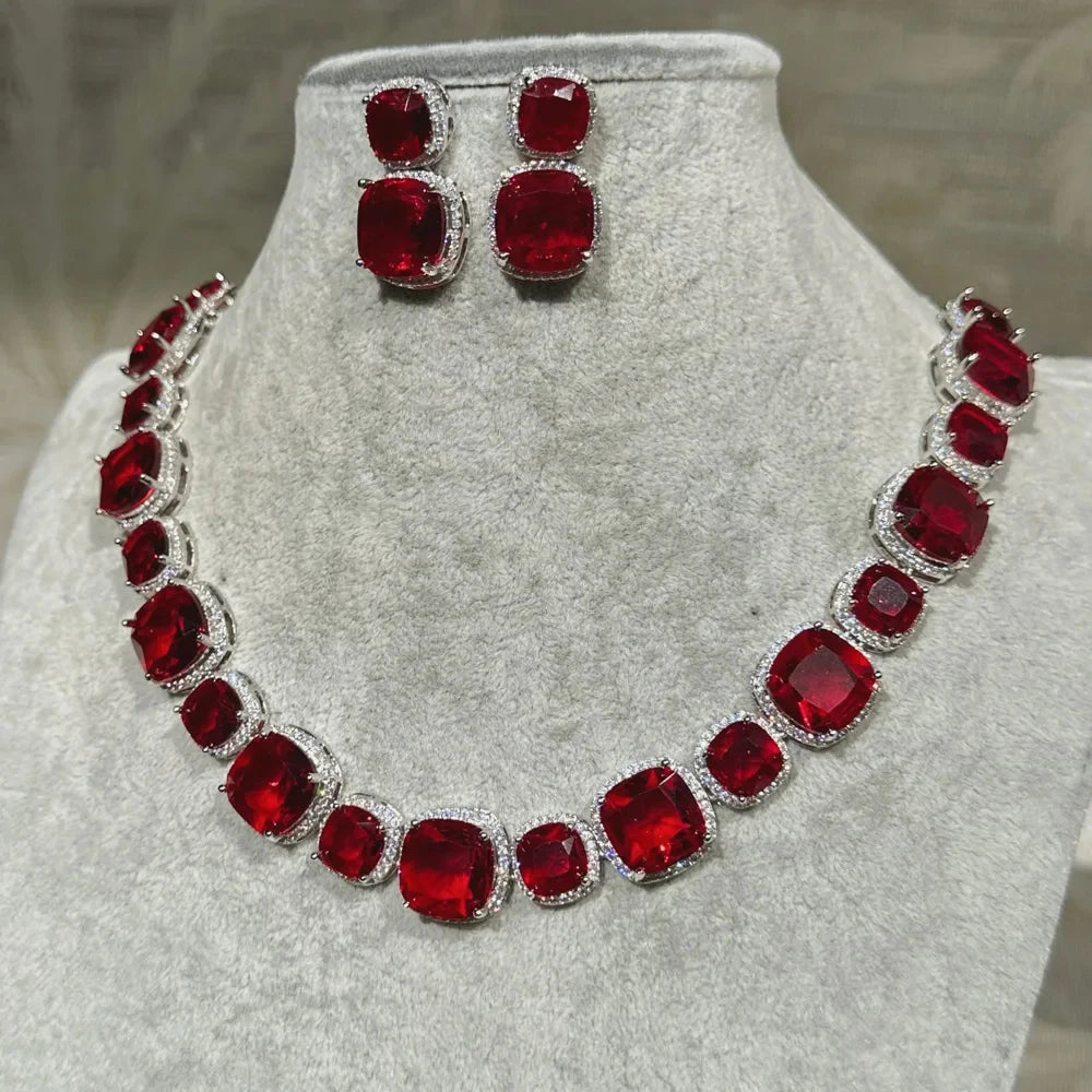 Fashion Red Square Crystal Necklace Earrings Party Jewelry Set