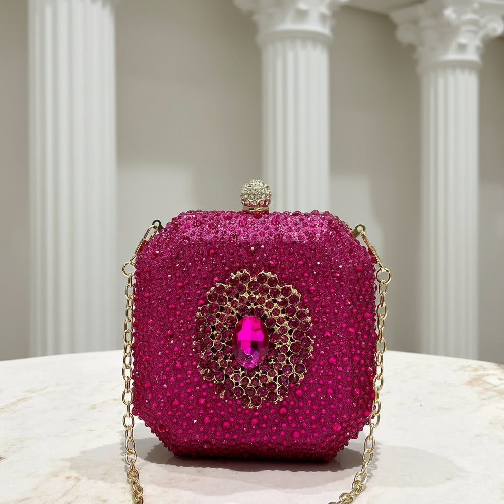 
                      
                        Mini Crystal Evening Clutch Metal Box  Wedding Small Party Purse, elevate your evening ensemble with this crystalline minaudiere
                      
                    