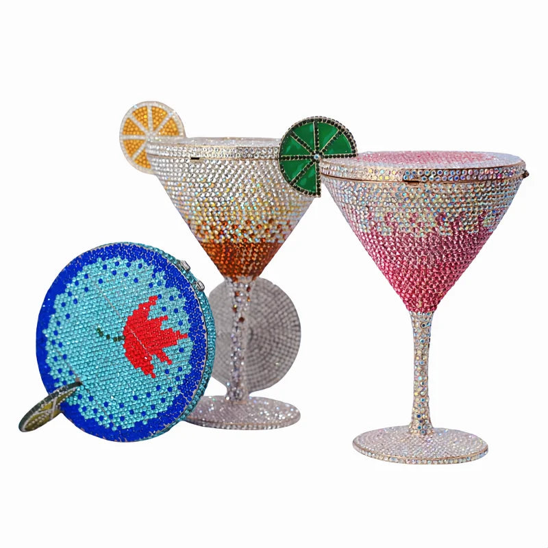 Decorative martini glasses purses with colorful gemstones mini clutches