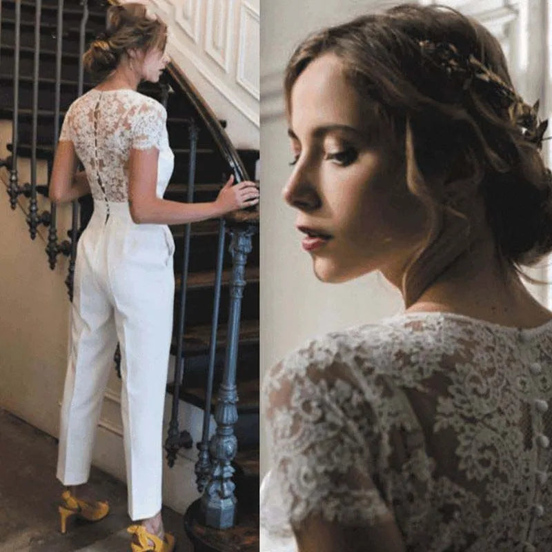 
                      
                        Bridal Lace V-Neck Jumpsuit With Pockets Short Sleeves Civil Wedding Dress
                      
                    