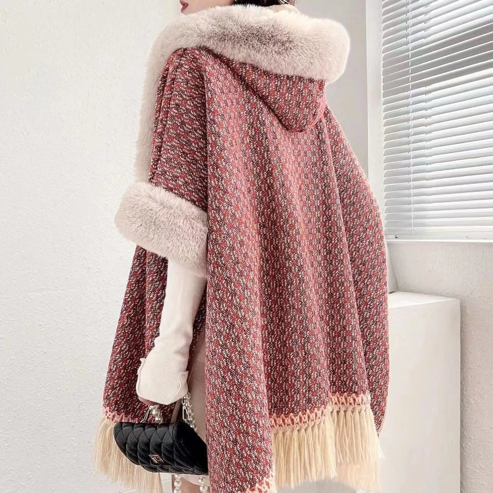 
                      
                        Winter Women Plaid Faux Rabbit Fur Loose Poncho Tassel Cape Cloak
                      
                    