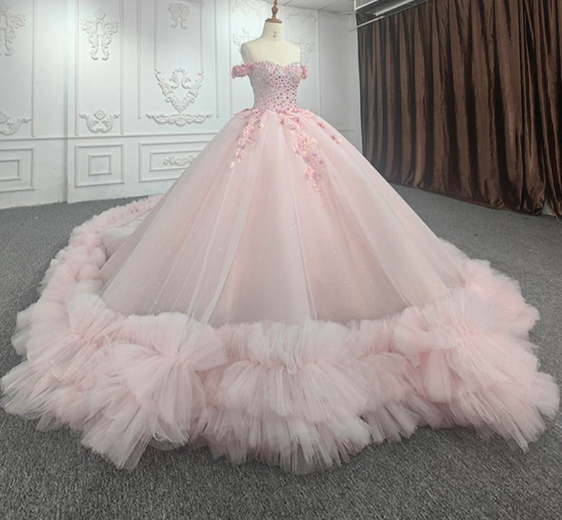 Quinceanera Ball Gown Sequined Pink Dress