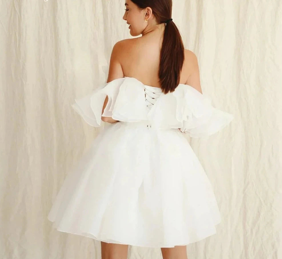 
                      
                        Civil Mini Boho Wedding Dresses Off The Shoulder Tiered Ruffles Party Gown
                      
                    