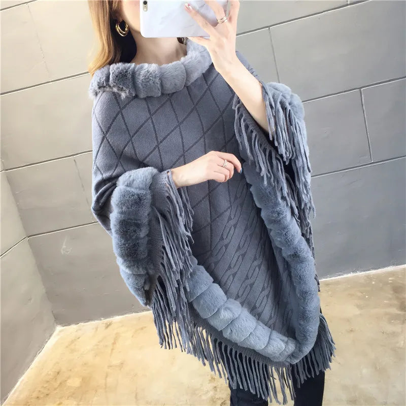 Autumn Winter Imitation Rabbit Fur Women's Coat Pullover Shawl Warm Poncho Capes