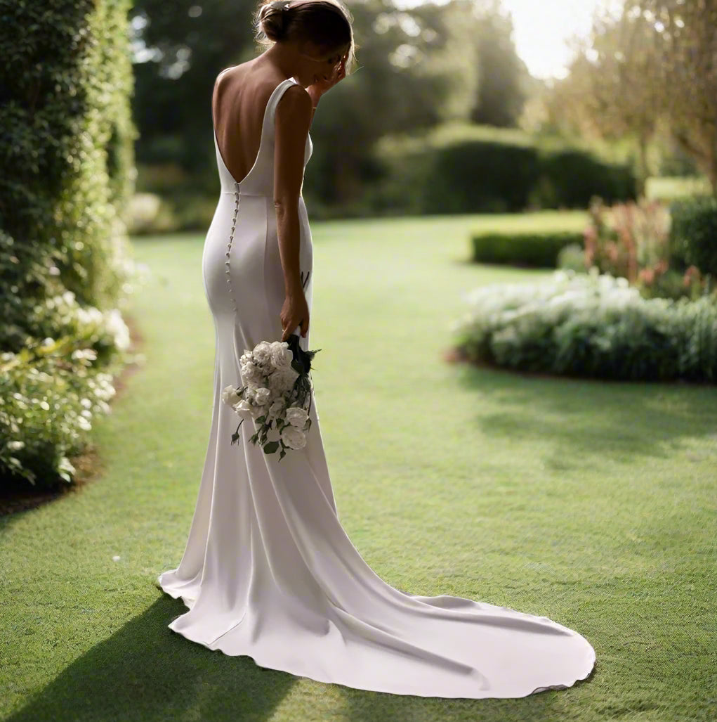 Crepe Chiffon Backless Wedding Dress  Side Slit Mermaid  Bridal Gown