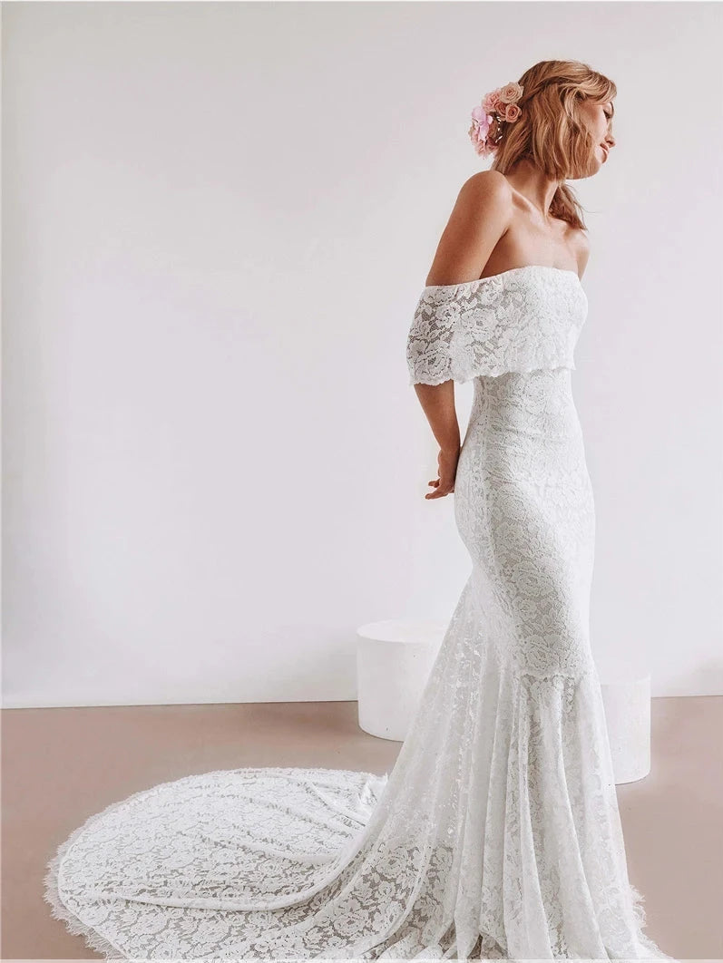 Mermaid Lace Wedding Dresses Boho Off the Shoulder Elegant Beach Bridal Gown