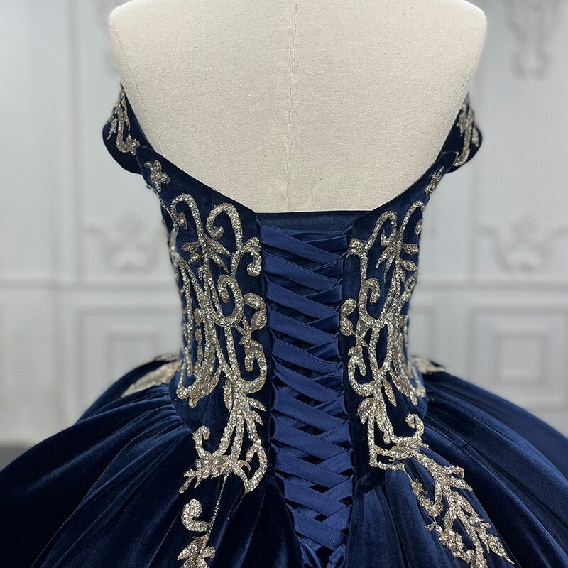 Load image into Gallery viewer, Velvet Blue Ball Gown Quinceanera Dress
