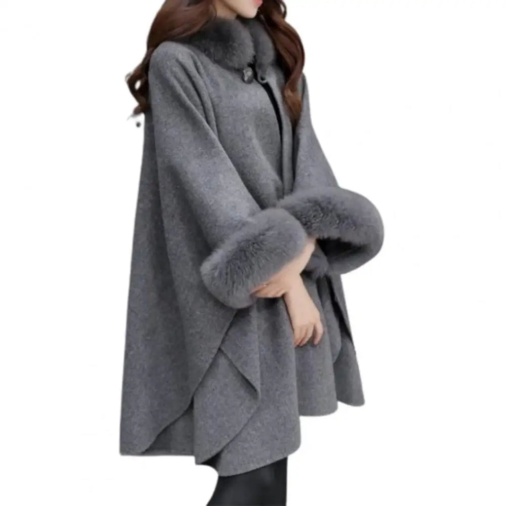 
                      
                        Ladies Cape Coat Solid Color Faux Fur Collar Autumn Winter Warm Loose Mid Length Poncho
                      
                    